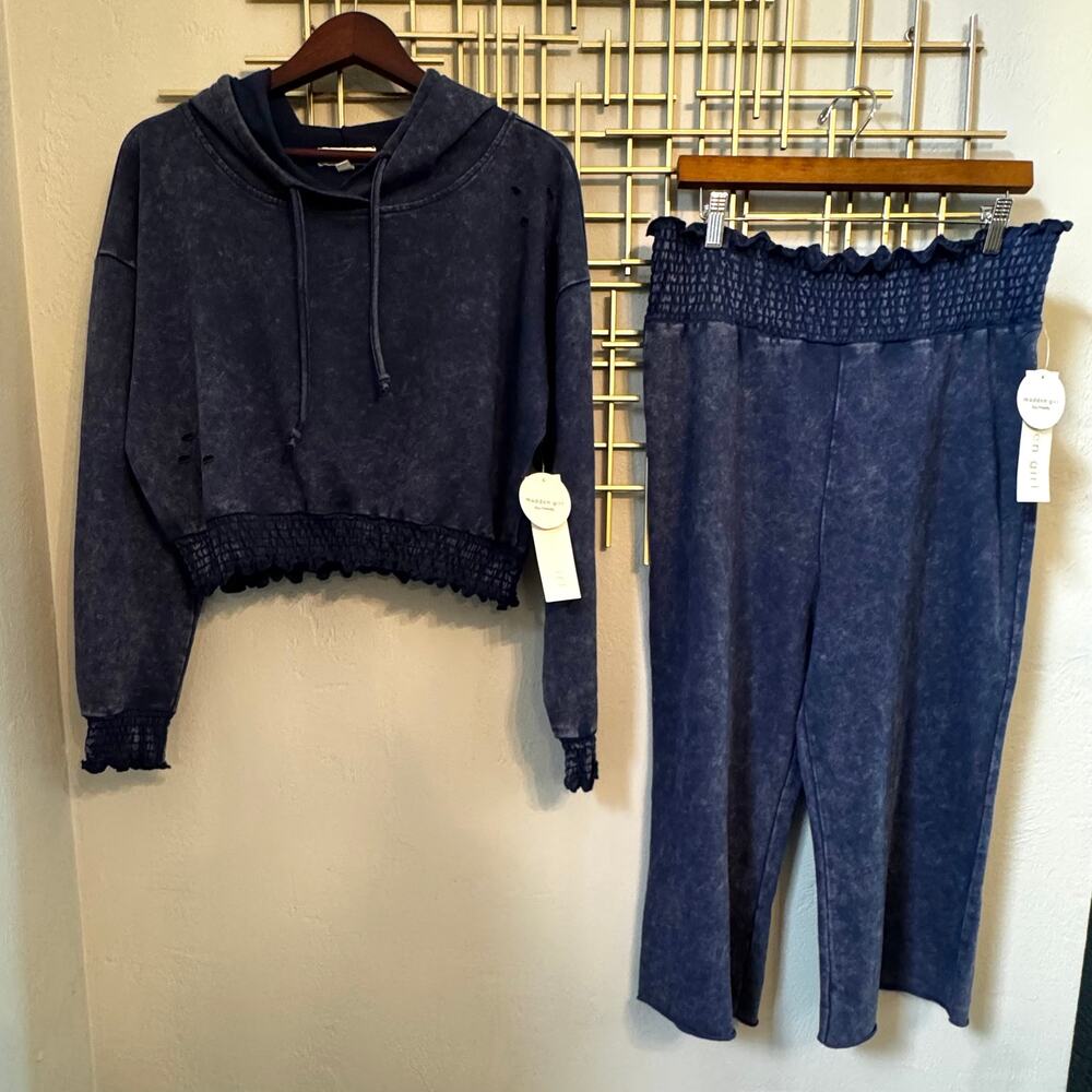 NWT Madden Girl Blue Acid Wash Hoodie & Wide Leg Lounge Set XL